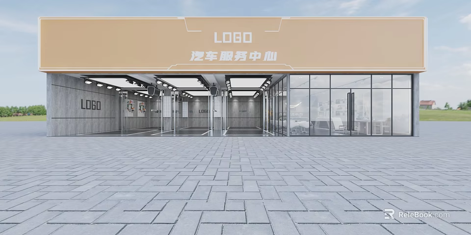 Modern Car Service Center Exterior With Glass Doors Yellow Facade And Paved Ground 3d model 