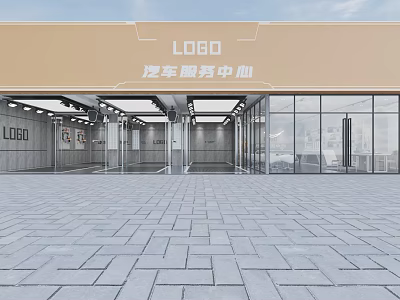 Modern Car Service Center Exterior With Glass Doors Yellow Facade And Paved Ground 3d model