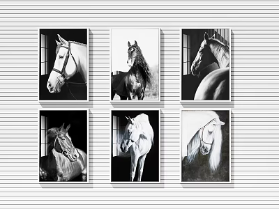 Black and White Horse Paintings Set of Six Framed Wall Art for Home Decor 3d model
