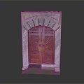 Elegant Wooden Entrance Door With Ornate Stone Frame And Intricate Carvings