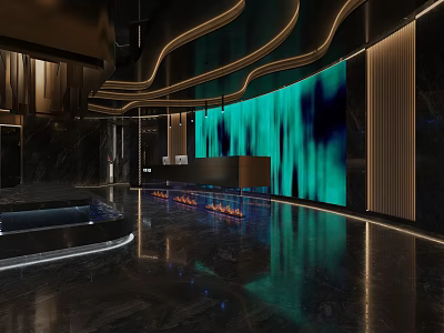 Modern Store Front Desk Design With Stylish Lighting And Artistic Background Wall Decor 3d model