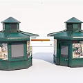 Green Octagonal Street Kiosks With Rooftop And Poster Covered Windows