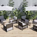 Outdoor Sofa Set With Rattan Design Gray Cushions Umbrella And Greenery On Wooden Deck