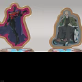 Cartoon Character Display Stands With Golden Bases Blue Glowing Stripes Featuring Superhero And Elderly Figures