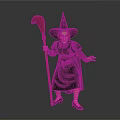 Witch Character With Pointed Hat Green Skin Black Patterned Dress Striped Stockings And Wooden Staff