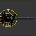 Traditional Katana Weapon With Blue Blade Red And Black Handle And Golden Tsuba