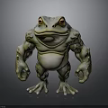 Muscular Frog With Large Yellow Eyes Green And Yellow Body Cartoon 3D Model Standing Pose