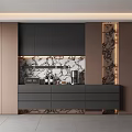 Modern Dark Gray Sideboard With Marble Backsplash Storage Cabinets And LED Lighting