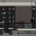Modern Tea Room Design With Dark Wooden Shelves Tea Sets Marble Table And Soft Lighting