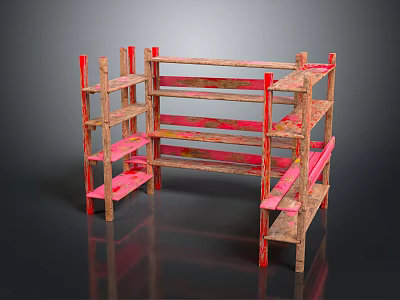 Rustic Wooden Shelving Unit With Red Frame And Multiple Open Storage Shelves 3d model