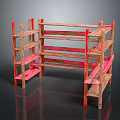 Rustic Wooden Shelving Unit With Red Frame And Multiple Open Storage Shelves 3d model