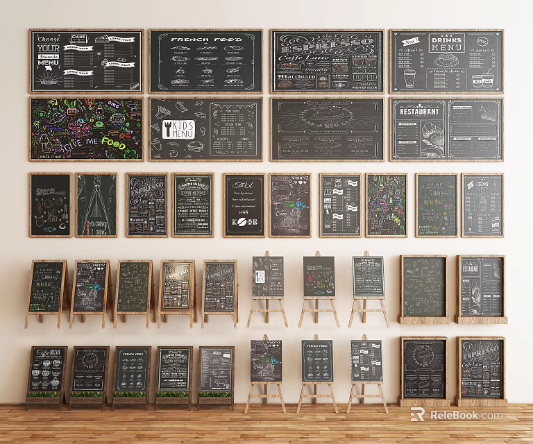 Hand Drawn Chalkboard Billboards With Various Menus Charts And Easel Displays 3d model 