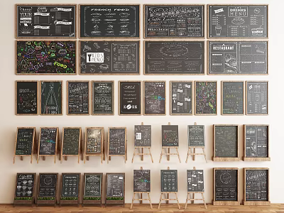 Hand Drawn Chalkboard Billboards With Various Menus Charts And Easel Displays 3d model