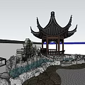 Traditional Chinese Garden Landscape With Pagoda Pavilion Rockery Green Plants And Stone Path