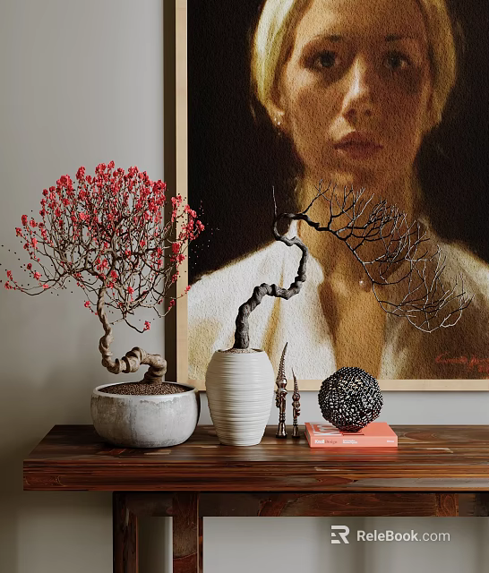 White Vase With Red Flowers Bonsai On Wooden Table With Painting And Black Spherical Decoration 3d model 