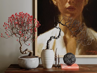 White Vase With Red Flowers Bonsai On Wooden Table With Painting And Black Spherical Decoration 3d model