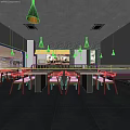 Modern Open Layout Restaurant Interior With Dark Tables Chairs Hanging Lights And Wall Art