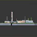 Cartoon Miniature Industrial Scene With Factory Buildings Tall Chimney Green Trees And Vehicles