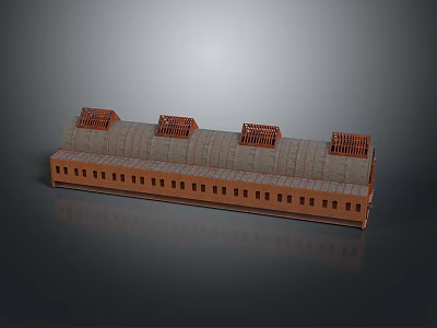Long Industrial Building Model With Arched Roof Multiple Skylights And Brown Gray Design 3d model