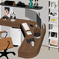 Modern Home Office Desk With Shelf Computer Monitor Yellow Office Chair And Figurines