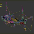 Colorful Vintage Fishing Boat Water Transport With Crane Ropes And Tires