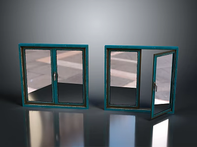 Double Teal Glass Windows Home Furniture With Open And Closed Panels 3d model