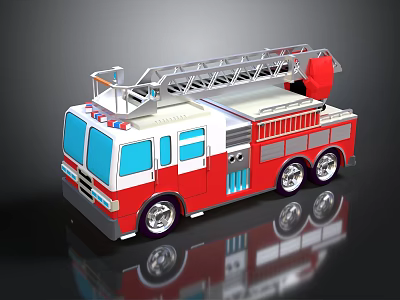 Red and white detailed fire truck model with extended ladder and shiny wheels 3d model