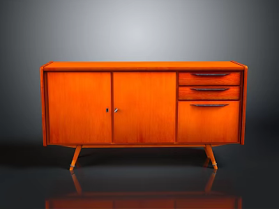 Modern Orange Cabinet With Two Doors Two Drawers And Slender Legs 3d model