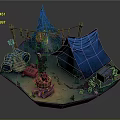Cartoon Camping Scene With Blue Tent Christmas Tree Guitar Campfire Boxes And Rolled Blankets