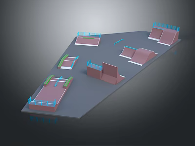 Modular Skateboard Park Equipment With Different Shaped Ramps And Blue Safety Rails 3d model
