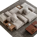 Light Gray Sectional Sofa With Pillows Wooden Coffee Table Side Table With Drawer On Rug