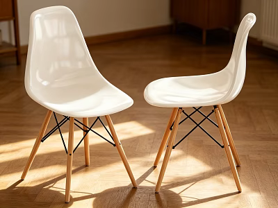 White Plastic Dining Chairs With Sleek Design Wooden Legs And Black Metal Cross Frames 3d model