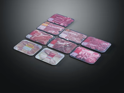 Raw Meat in Transparent Plastic Packaging with Labels Arranged on Black Background 3d model