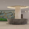 Elegant Hotel Lobby Interior With Water Feature Rock Formations Lotus Flowers And Marble Pillars