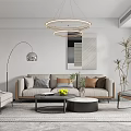 Modern Living and Dining Room With Light Gray Sofa Round Pendant Lights Black Coffee Table