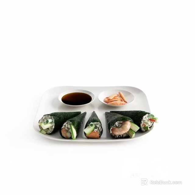Fresh Sushi Rolls Served On White Tray With Soy Sauce And Pickled Ginger 3d model 