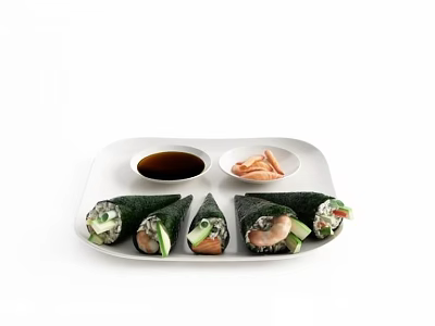 Fresh Sushi Rolls Served On White Tray With Soy Sauce And Pickled Ginger 3d model