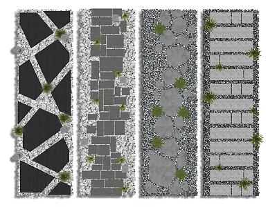 Various Outdoor Pathway Paving Patterns With Geometric Shapes And Small Plants 3d model