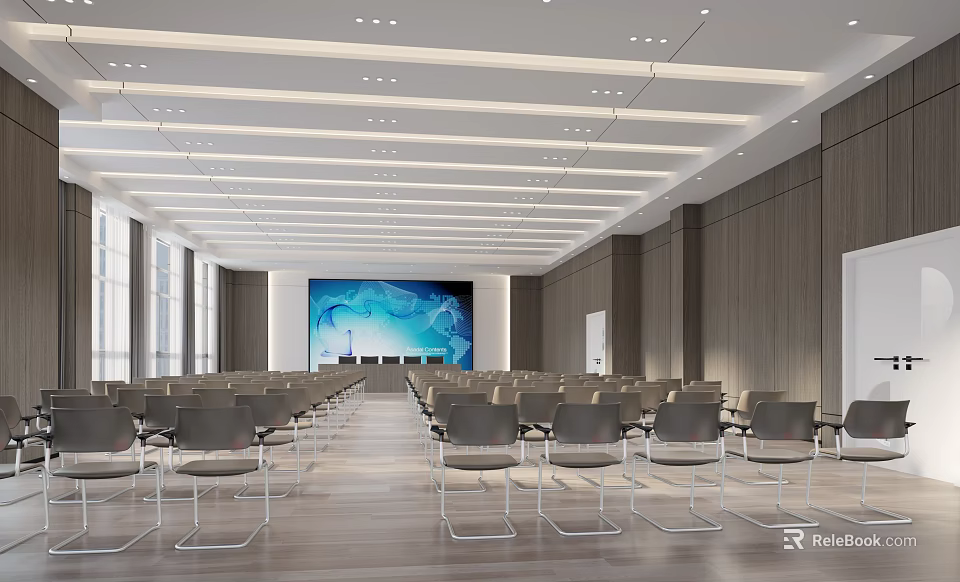 Spacious Conference Room Featuring Neatly Arranged Gray Chairs Large Screen Wooden Walls And Strip Lights 3d model 