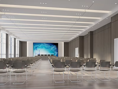 Spacious Conference Room Featuring Neatly Arranged Gray Chairs Large Screen Wooden Walls And Strip Lights 3d model