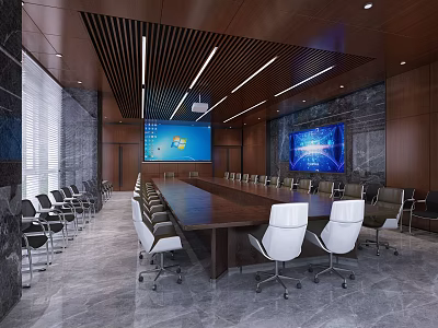 Modern Conference Room With Long Table White Chairs Large Screens And Wooden Decor 3d model