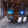 Modern Conference Room With Long Table White Chairs Large Screens And Wooden Decor