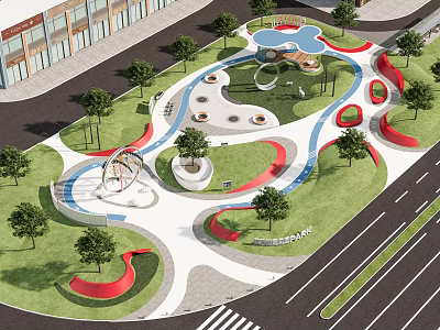 Modern Urban Park Landscape With Curved Red Paths Circular Seating Areas Trees And Water Features 3d model