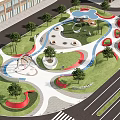 Modern Urban Park Landscape With Curved Red Paths Circular Seating Areas Trees And Water Features