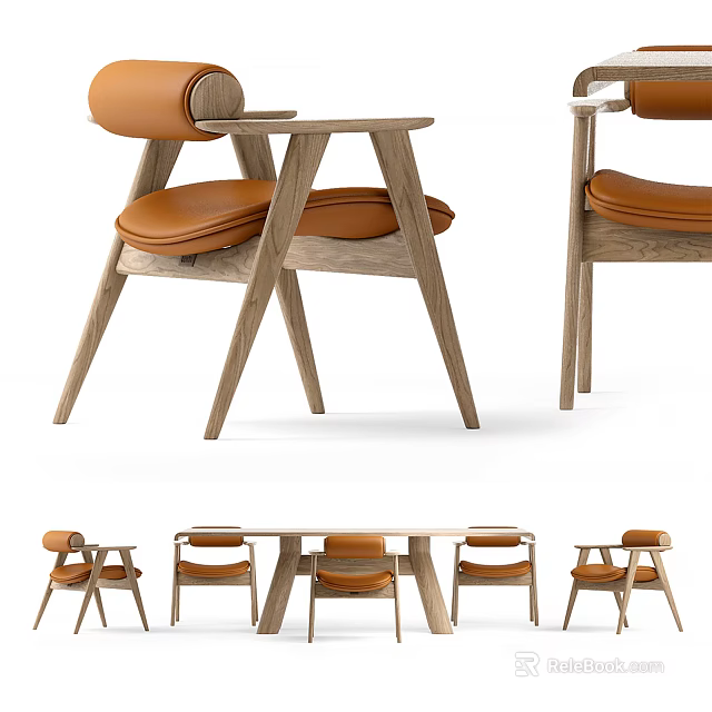 Modern Wooden Dining Table Set With Leather Seats And Four Matching Chairs 3d model 