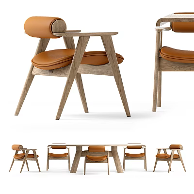 Modern Wooden Dining Table Set With Leather Seats And Four Matching Chairs 3d model