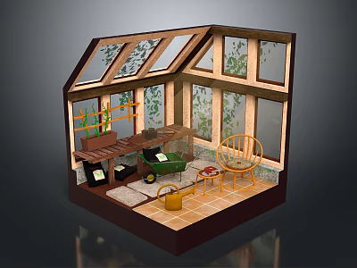 Cartoon Greenhouse Scene With Windows Plants Chair Green Cart Yellow Bucket And Tile Floor 3d model