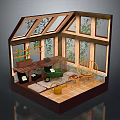 Cartoon Greenhouse Scene With Windows Plants Chair Green Cart Yellow Bucket And Tile Floor