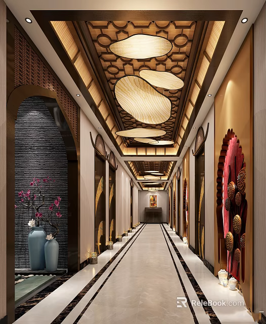 Elevator Hallway Interior Design With Modern Ceiling Lights And Decorative Wall Art 3d model