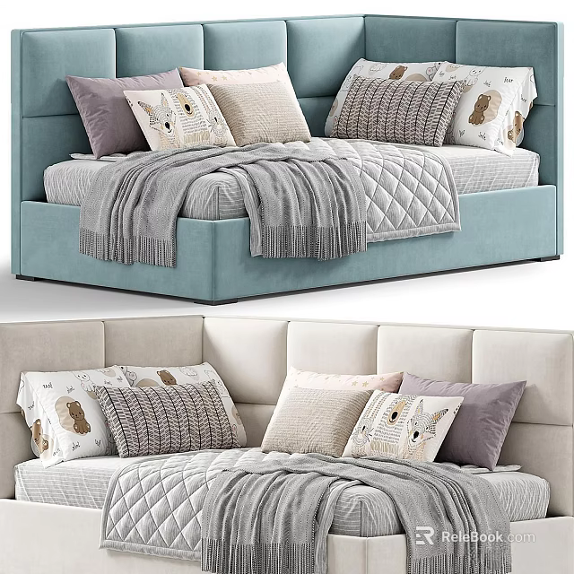 Comfortable Kids Bed With Soft Upholstered Headboard Plush Pillows And Cozy Blanket 3d model 